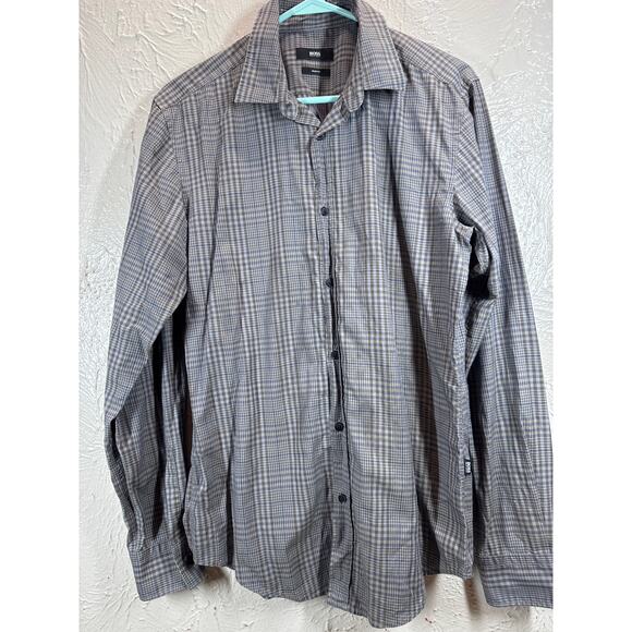 Hugo Boss Mens Slim Fit Long Sleeve Button Up Tartan Plaid Shirt Size Medium - Picture 1 of 4